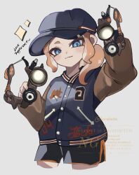 1girl blue_eyes blue_hat blue_jacket closed_mouth commentary dapple_dualies_(splatoon) english_commentary hat highres holding holding_weapon jacket kirakeen letterman_jacket long_hair looking_at_viewer nintendo octoling octoling_girl octoling_player_character orange_hair ponytail simple_background smile solo sparkle splatoon_(series) splatoon_3 tentacle_hair watermark weapon white_background