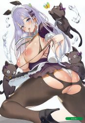 1girl absurdres animal animal_ears apron artist_name ass bare_shoulders bikini bikini_top_only black_bikini black_cat black_footwear black_pantyhose blue_eyes blush bow breasts breasts_out bug butterfly cat covered_erect_nipples fake_animal_ears fingernails from_behind hair_bow hair_ornament high_heels highres insect large_breasts light_purple_hair long_hair looking_at_viewer looking_back maid maid_headdress melonbooks midriff momi nipples non-web_source open_mouth original panties panties_under_pantyhose pantyhose puffy_short_sleeves puffy_sleeves purple_bow purple_hair rabbit_ears rabbit_tail scan shiny_clothes shiny_skin short_sleeves sidelocks simple_background skindentation skirt smile solo swimsuit tail torn_clothes torn_pantyhose underwear waist_apron water_drop white_background