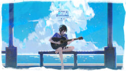 Rule 34 | 1boy, absurdres, acoustic guitar, arsum0731, bare legs, barefoot, black hair, blue shirt, blue sky, border, character name, choker, closed eyes, cloud, commentary, day, fading border, figure four sitting, full body, guitar, hair between eyes, happy birthday, highres, holding, holding guitar, holding instrument, holostars, instrument, kanade izuru, male focus, music, ocean, on bench, open mouth, outdoors, playing guitar, playing instrument, purple shirt, shirt, short shorts, short sleeves, shorts, sitting, sitting on leg, sky, solo, spiked choker, spikes, t-shirt, thigh strap, water, wide shot