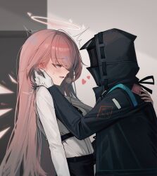 1boy 1girl arknights belt black_coat black_necktie blush breath chinese_commentary coat commentary_request condom condom_wrapper detached_wings doctor_(arknights) ear_blush face-to-face gloves halo hand_on_another&#039;s_back hand_on_another&#039;s_ear hand_on_another&#039;s_face heart hetero highres hood hood_up lemuen_(arknights) long_hair long_sleeves looking_at_another male_doctor_(arknights) necktie open_mouth pink_eyes pink_hair profile shirt shokuyou_koori smile sweat sweatdrop traditional_halo white_gloves white_shirt wings