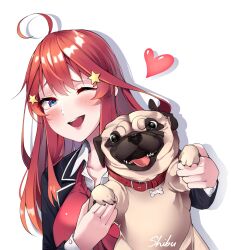 Rule 34 | 1girl, 5hibu05, animal, black jacket, blazer, blue eyes, blush, breasts, dog, go-toubun no hanayome, hair ornament, heart, highres, holding, holding animal, holding dog, jacket, large breasts, long hair, long sleeves, looking at viewer, nakano itsuki, one eye closed, open mouth, pug, red hair, red sweater vest, school uniform, signature, simple background, smile, solo, star (symbol), star hair ornament, sweater vest, upper body, white background, winter uniform