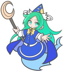1girl blue_headwear blue_skirt blue_vest bow bowtie closed_mouth full_body ghost_tail green_eyes holding holding_staff mima_(touhou) parody puyopuyo shinmon_akika simple_background skirt smile solo staff style_parody sun_print touhou touhou_(pc-98) vest white_background yellow_bow yellow_bowtie
