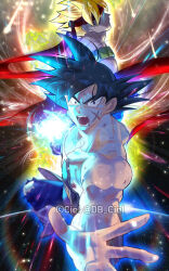 Rule 34 | 1boy, alternate hair color, alternate hairstyle, artist name, background request, bandana, bardock, black eyes, black hair, blonde hair, blue pants, blurry, boots, commentary request, depth of field, dragon ball, dragon ball super, energy ball, english text, highres, looking at viewer, looking to the side, loose hair strand, male focus, nipples, no mouth, nose, open mouth, pants, pectorals, purple boots, red bandana, saiyan armor, scar, scar on face, solo, spiked hair, super saiyan, super saiyan 1, tarutobi, teeth, toned, toned male, tongue, topless male, torn clothes, torn pants, twitter, v-shaped eyebrows, watermark, yellow eyes