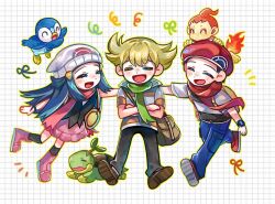 Rule 34 | 1girl, 2boys, :d, barry (pokemon), beanie, beret, black shirt, black socks, blonde hair, blue pants, boots, brown bag, brown shoes, chimchar, commentary request, dawn (pokemon), gen 4 pokemon, green scarf, grid background, hair ornament, hairclip, happy, hat, jacket, kong (6ki3ki), korean commentary, long hair, lucas (pokemon), multiple boys, nintendo, on head, open mouth, pants, pink shoes, pink skirt, piplup, pokemon, pokemon (creature), pokemon dppt, pokemon on head, red hat, red scarf, scarf, shirt, shoes, short hair, sidelocks, skirt, sleeveless, sleeveless shirt, smile, socks, starter pokemon trio, striped clothes, striped jacket, turtwig