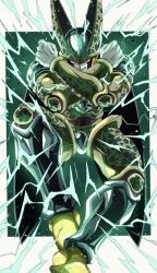 Rule 34 | 1boy, border, bure (fantasticyouth7), cell (dragon ball), colored skin, dragon ball, dragonball z, electricity, full body, glowing, glowing eyes, green background, green skin, highres, powering up, red eyes, simple background, solo, white border