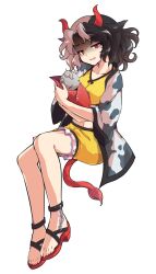 1girl alphes_(style) animal_ears animal_print artistic_error black_hair closed_mouth collarbone commentary_request cow_ears cow_girl cow_horns cow_print dairi full_body greek_toe horns large_variant_set looking_at_viewer midriff multicolored_hair navel parody red_eyes red_horns red_tail sandals short_hair smile solo split-color_hair style_parody tachi-e toes touhou transparent_background two-tone_hair ushizaki_urumi variant_set white_hair wrong_foot