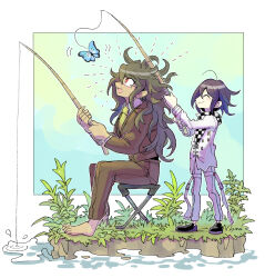 2boys black_hair blue_butterfly brown_jacket brown_pants bug butterfly closed_mouth danganronpa_(series) danganronpa_v3:_killing_harmony fang fishing_rod full_body gokuhara_gonta hair_between_eyes highres insect jacket kumakoro_(tetsupag) male_focus messy_hair multiple_boys necktie oma_kokichi pants red_eyes short_hair smile stool yellow_necktie