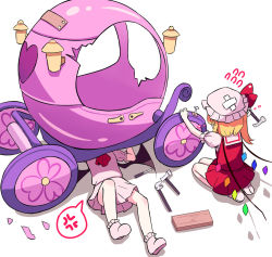 2girls anger_vein bandages bat_wings blonde_hair bow crystal flandre_scarlet flower_symbol frilled_sleeves frills hammer hat hat_ribbon heart holding holding_hammer lying medium_hair mob_cap multiple_girls nail_(hardware) on_back one_side_up parody pink_footwear pink_shirt pink_skirt red_bow red_neckwear red_ribbon red_skirt red_vest remilia_scarlet ribbon screwdriver seiza shirt short_sleeves siblings sisters sitting skirt spoken_anger_vein spoken_sweatdrop sseopik sweatdrop touhou toy_car vest wheel wings wood wrench