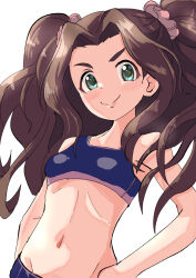 Rule 34 | 1girl, breasts, brown hair, green eyes, hair ornament, hair scrunchie, hand on own hip, highres, idolmaster, idolmaster cinderella girls, kusakabe wakaba, long hair, midriff, navel, nonchan, scrunchie, small breasts, smile, solo, white background
