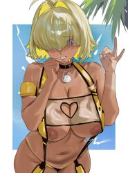 1girl absurdres ahoge black_choker blonde_hair blunt_bangs blush breasts center_opening choker cleavage clothing_cutout collarbone colored_inner_hair cowboy_shot dark-skinned_female dark_skin elegg_(boom_and_shock)_(nikke) elegg_(nikke) fellatio_gesture fingernails game_controller_print goddess_of_victory:_nikke grin hair_intakes hair_over_eyes hand_on_own_chin hands_up heart_cutout highres large_breasts long_bangs long_fingernails looking_at_viewer multicolored_hair navel nipple_slip nipples one-piece_swimsuit one_eye_covered parted_lips plump purple_eyes pussy pussy_peek rabbit_choker rabbit_ornament see-through_slingshot_swimsuit shiny_skin short_hair simple_background slingshot_swimsuit smile solo standing swimsuit taiyang_yu teeth two-tone_hair white_background yellow_one-piece_swimsuit yellow_slingshot_swimsuit