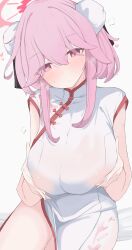 1girl absurdres blue_archive blush breasts bun_cover china_dress chinese_clothes commentary_request covered_erect_nipples double_bun dress hair_bun halo highres large_breasts long_hair looking_at_viewer nipples nui_(nuinui0300) official_alternate_costume pink_eyes pink_hair pink_halo see-through_clothes solo sweat tomoe_(blue_archive) tomoe_(qipao)_(blue_archive) white_background white_dress