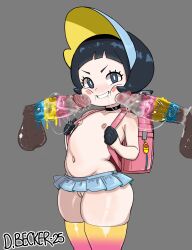 1girl 2boys after_fellatio artist_name backpack bag black_eyes black_gloves black_hair blush blush_stickers choker cowboy_shot dark-skinned_male dark_skin dated dimitri_becker disembodied_penis flat_chest functionally_nude gloves grey_background grin half_gloves hetero loli looking_at_viewer matching_hair/eyes microskirt multiple_boys navel nintendo nipples no_panties penis penis_on_face pokemon pokemon_sv poppy_(pokemon) pussy randoseru saliva saliva_trail short_hair simple_background size_difference skirt smile standing striped_clothes striped_thighhighs thighhighs topless_female uncensored