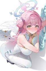 1girl absurdres angel_wings aqua_hair bare_shoulders black_shoes blue_archive blush breast_press breasts china_dress chinese_clothes cleavage closed_mouth commentary dress feathered_wings hair_bun hair_ornament halo hashtag-only_commentary highres large_breasts long_hair looking_at_viewer low_wings mika_(blue_archive) multicolored_hair pink_hair pink_halo shaffelli shoes simple_background single_side_bun smile solo squatting tassel tassel_hair_ornament two-tone_hair white_background white_dress white_wings wings yellow_eyes
