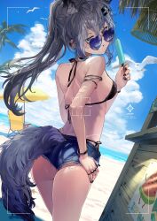 Rule 34 | 2girls, a0lp, animal ear fluff, animal ears, arknights, artist name, ass, ass cutout, bare shoulders, beach, bikini, black bikini, black nails, blue shorts, breasts, clothing cutout, earclip, food, from behind, grey eyes, grey hair, hair ornament, hairclip, heart, heart-shaped eyewear, highres, holding, holding food, holding popsicle, jewelry, lappland (arknights), long hair, looking at viewer, multiple girls, multiple rings, ponytail, popsicle, ring, sand, scar, scar across eye, scar on face, short shorts, shorts, smile, solo focus, swimsuit, tail, tail through clothes, tan, tanline, texas (arknights), twitter username, water, wolf ears, wolf girl, wolf tail