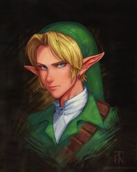 1boy belt blonde_hair blue_eyes brown_belt closed_mouth cropped_torso earrings green_hat green_tunic hat high_collar highres jewelry link looking_at_viewer male_focus nintendo parted_bangs pointy_ears portrait shirt short_hair shoulder_belt solo the_legend_of_zelda the_legend_of_zelda:_ocarina_of_time tommy_worthington tunic white_shirt
