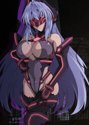 1girl absurdres android aoi_tabane bare_shoulders blue_hair breasts cleavage commission cosplay covered_eyes covered_navel dark-skinned_female dark_skin elbow_gloves gloves hand_on_own_hip head-mounted_display highres kos-mos kouyoku_senki_exs-tia large_breasts leotard long_hair mind_controlled_exs-tia pixiv_commission solo thighhighs variant_set very_long_hair xenosaga
