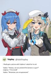 2girls bag banana beret black_jacket blue_background blue_eyes blue_gloves blue_hair blue_ribbon blush breast_pocket brown_hair closed_mouth colphne_(girls&#039;_frontline_2) commentary english_commentary english_text food frown fruit girls&#039;_frontline girls&#039;_frontline_2:_exilium gloves gudakoguda gun hair_between_eyes handbag hat highres holding holding_gun holding_weapon jacket long_sleeves looking_at_viewer multiple_girls open_mouth pocket red_eyes ribbon shirt side_ponytail sidelocks simple_background smile standing teeth twintails upper_teeth_only vepley_(girls&#039;_frontline_2) weapon white_hat white_jacket white_shirt