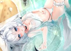 1girl absurdres ahoge alternate_costume animal_ear_fluff animal_ear_piercing animal_ears aqua_nails beach bikini black_choker blue_eyes blush braid breasts choker cleavage collarbone fox_ears fox_girl fox_tail frilled_thigh_strap highres hololive large_breasts long_hair lying navel o-ring_bikini_bottom on_back open_mouth sand seashell see-through_clothes see-through_shirt shell shirakami_fubuki shirt short_sleeves side_braid smile st-147 stomach swimsuit tail thigh_strap very_long_hair white_bikini white_hair
