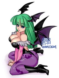 1girl animal_print bare_shoulders bat_print black_boots black_leotard blue_eyes blunt_bangs boots breasts bridal_gauntlets cleavage collarbone darkstalkers fur-trimmed_leotard fur_trim green_eyes head_wings high_heel_boots high_heels highleg highleg_leotard hime_cut large_breasts leotard long_hair morrigan_aensland pantyhose print_pantyhose purple_pantyhose redrawn solo tokisige wings