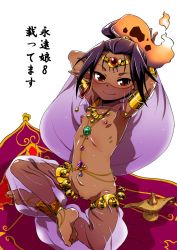 1girl anklet arabian_clothes armlet arms_up barefoot black_hair dark-skinned_female dark_skin diadem earrings feet female_focus flat_chest gem genie gold harem_outfit highres jewelry loli looking_at_viewer magic_carpet nipples original pointy_ears pussy pussy_peek red_eyes simple_background smile solo uchuu_ika white_background