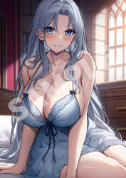 bare_arms bed bed_sheet blue_eyes blush breasts cleavage collarbone commentary_request grey_hair grey_negligee grin huge_breasts indoors lingerie long_hair looking_at_viewer negligee original parted_bangs sample_watermark sidelocks sitting sleepwear smile teeth underwear very_long_hair watermark window xe_(execut3r)