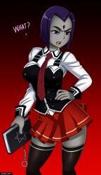Rule 34 | absurdres, academy uniform (bible black), bible black, book, colored skin, corset, cosplay, dc comics, english text, grey skin, hand on own hip, highres, miniskirt, necktie, purple hair, rachel roth, raven (dc), school uniform, skirt, suspenders, teen titans, thighhighs, zettai ryouiki