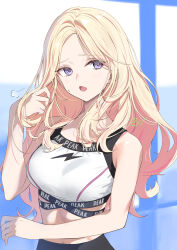 1girl :o artist_name blonde_hair blush breasts commentary_request ev_(dai00888) forehead gakuen_idolmaster highres idolmaster juo_sena long_hair medium_breasts multicolored_hair pink_hair puff_of_air purple_eyes signature solo sports_bra streaked_hair sweat two-tone_hair upper_body very_long_hair white_sports_bra