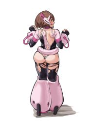 1girl ass belt black_bodysuit black_gloves blush bodysuit boku_no_hero_academia brown_hair butt_crack censored commission fingerless_gloves from_behind gloves hands_up highres medium_hair mosaic_censoring nico-mo pink_bodysuit profile pussy simple_background smile standing torn_bodysuit torn_clothes uraraka_ochaco white_background white_belt white_bodysuit