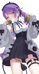1girl badao can canned_coffee demon_tail drink_can ear_piercing fake_horns green_eyes heart heart_o-ring highres hololive horned_headwear horns leg_tattoo o-ring piercing purple_hair tail tail_ornament tail_piercing tattoo tokoyami_towa virtual_youtuber