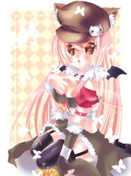 Rule 34 | 1girl, absurdres, adapted costume, animal ear headwear, animal ears, bandeau, black thighhighs, black wings, blush, breasts, brown bandeau, brown eyes, brown hat, brown skirt, cat ears, cat hat ornament, chinese commentary, cleavage, coin, commentary request, fake animal ears, full body, fur-trimmed skirt, fur trim, garter straps, hat, highres, long hair, looking at viewer, medium breasts, money bag, nanami (s881201guy), newsboy cap, no lineart, open mouth, pink hair, ragnarok online, seiza, shadow chaser (ragnarok online), sitting, skirt, solo, thighhighs, very long hair, wings