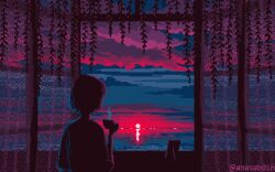 1other ambiguous_gender anas_abdin animated animated_gif commentary curtains death father_and_child from_behind limited_palette ocean original picture_frame pixel_art see-through_curtains sky steam sunset tea water willow window