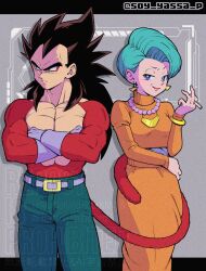 1boy 1girl black_hair blue_eyes body_fur bulma dragon_ball dragon_ball_gt hetero highres husband_and_wife long_hair looking_at_viewer monkey_boy monkey_tail muscular muscular_male no_nipples pants pectorals pon_(soy_yassa_p) red_fur saiyan smile smoking spiked_hair super_saiyan super_saiyan_4 tail vegeta