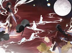 Rule 34 | 2boys, absurdres, black hair, black hanfu, chinese clothes, chinese commentary, cloud, coat, dao gui yi xian, dual persona, earrings, facing away, floating clothes, floating hair, flower, full moon, hair bun, hair ribbon, half updo, hanfu, highres, holding, holding sword, holding weapon, jewelry, li huowang, long hair, long sleeves, lotus, lotus leaf, low ponytail, male focus, moon, multiple boys, night, night sky, ponytail, red coat, red moon, red ribbon, red water, ribbon, robe, sash, silhouette, single hair bun, sky, smoke, standing, suibian59632, sword, very long hair, water, weapon, wide sleeves