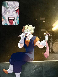 3boys black_eyes blonde_hair blue_dougi colored_skin commentary_request crossed_legs dated dougi dragon_ball dragonball_z drum drum_set earrings fan_screaming_at_madison_beer_(meme) gloves green_eyes highres holding holding_microphone instrument jewelry jiajiajiajiaa kaioushin kibito looking_at_viewer majin_buu male_focus meme microphone motion_blur multiple_boys muscular muscular_male open_mouth pointy_ears potara_earrings purple_skin rou_kaioushin signature sitting super_buu super_saiyan tears vegetto white_gloves white_hair wide-eyed