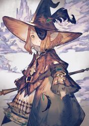 1girl absurdres bandages black_mage_(final_fantasy) brooch coat crystal dress eyepatch final_fantasy final_fantasy_xiv fire_fenix_(i-chu) gloves green_eyes hand_tattoo hat hat_feather highres holding holding_staff jewelry lalafell looking_at_viewer medical_eyepatch mono_(monoia14) multiple_rings orange_hair outdoors ring simple_background smile snow solo staff tattoo witch witch_hat wizard_hat