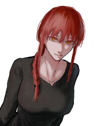 Rule 34 | 1girl, absurdres, black dress, braid, breasts, chainsaw man, closed mouth, dress, highres, large breasts, light smile, long hair, looking at viewer, makima (chainsaw man), nabe92213, red hair, ringed eyes, simple background, single braid, solo, virtual youtuber, white background, yellow eyes