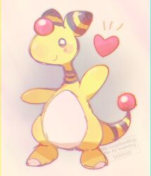 Rule 34 | ampharos, animal focus, black eyes, blush, closed mouth, forehead jewel, full body, gen 2 pokemon, heart, nintendo, no humans, pokemon, pokemon (creature), pokemon focus, simple background, smile, solo, tail, tansho
