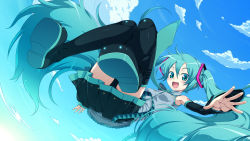 1girl aqua_eyes aqua_hair cloud convenient_skirt day detached_sleeves female_focus fisheye flying hatsune_miku hisasi long_hair looking_at_viewer necktie open_mouth outstretched_arms skirt sky smile solo spread_arms thigh_gap thighhighs thighs twintails very_long_hair vocaloid yamaha zettai_ryouiki
