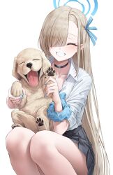 1girl absurdres animal asuna_(blue_archive) asuna_(school_uniform)_(blue_archive) baby_animal black_choker black_skirt blonde_hair blue_archive blue_bow blue_bowtie blue_halo blue_nails blue_ribbon blue_scrunchie bow bowtie chirang choker closed_eyes collarbone collared_shirt dog facing_viewer feet_out_of_frame fingernails golden_retriever grin hair_over_one_eye hair_ribbon halo highres long_hair nail_polish pleated_skirt puppy ribbon school_uniform scrunchie shirt simple_background skirt smile solo squatting white_background white_shirt wrist_scrunchie