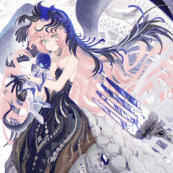 1girl animal animal_skeleton aqua_eyes bare_arms bare_shoulders black_dress black_veil blue_veil chimera closed_mouth dress fork gradient_skin holding holding_animal lamb long_hair nautika_(reverse:1999) pink_hair reverse:1999 sannfukai sheep solo strapless strapless_dress two-tone_veil upper_body veil very_long_hair x-ray