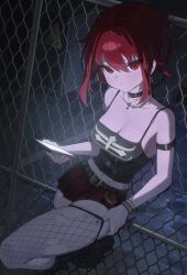 1girl absurdres arm_strap belt belt_collar black_belt black_boots black_camisole blush boots bracelet breasts camisole cellphone chain-link_fence closed_eyes collar commentary commission cross cross_earrings cross_necklace earrings fence fingernails fishnet_thighhighs fishnets hair_between_eyes highres holding holding_phone jewelry large_breasts looking_at_viewer midriff miniskirt monoco55 nail_polish navel necklace original phone plaid_clothes plaid_skirt pleated_skirt red_eyes red_hair red_nails red_skirt skirt smartphone solo standing standing_on_one_leg studded_bracelet thighhighs torn_clothes torn_skirt torn_thighhighs