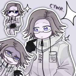 1boy aotsuki_eito black_gloves blue_eyes closed_mouth diamond_(shape) glasses gloves grey_hair looking_at_viewer male_focus multiple_views open_mouth parted_lips smile solo solo_focus sunglasses teeth the_hundred_line_-last_defense_academy- white_background zipper zipper_pull_tab