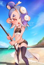 1girl artist_name beach black_shorts black_thighhighs blue_hair blue_sky blush cloud commentary_request crop_top fishing_rod hair_over_one_eye highres holding holding_fishing_rod horizon long_hair merute_spla navel nintendo octoling official_alternate_costume open_mouth outdoors red_eyes shiver_(splatoon) shiver_(splatoon_raiders) short_eyebrows shorts sky solo splatoon_(series) splatoon_raiders standing sweat tentacle_hair thick_eyebrows thighhighs topknot