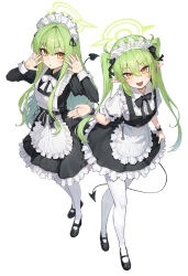2girls absurdres alternate_costume apron black_dress black_ribbon black_shoes blue_archive commentary_request demon_girl demon_tail dress earrings full_body green_hair green_halo halo highres hikari_(blue_archive) jewelry kokukyukeo long_hair looking_at_viewer maid maid_apron maid_headdress multiple_girls nozomi_(blue_archive) open_mouth pantyhose pointy_ears ribbon shoes siblings simple_background sisters tail twins white_apron white_background white_pantyhose yellow_eyes