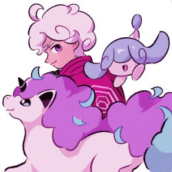 Rule 34 | 1boy, :d, bede (pokemon), closed mouth, commentary request, curly hair, galarian form, galarian ponyta, gen 8 pokemon, hatenna, highres, horns, looking back, male focus, nintendo, open mouth, panmimi, pink hair, pokemon, pokemon (creature), pokemon swsh, purple eyes, short hair, simple background, single horn, smile, standing, unicorn, white background