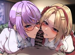 1boy 2girls 4tb_(4tera_byte) bar_censor blonde_hair blue_eyes blush breasts censored closed_mouth collared_shirt commentary_request commission disgust drill_hair ffm_threesome glasses green_skirt grin group_sex hair_intakes hair_ornament hairband hairclip heaven_burns_red hetero highres higuchi_seika indoors looking_at_viewer medium_breasts medium_hair minase_ichigo multiple_girls navel parted_bangs penis penis_on_face plaid_clothes plaid_skirt pleated_skirt pov pov_crotch purple_hair red-framed_eyewear red_hairband semi-rimless_eyewear shaded_face shirt short_sleeves skeb_commission skirt smile steam threesome twin_drills v-shaped_eyebrows variant_set white_shirt