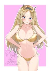 Rule 34 | 1girl, absurdres, bikini, blonde hair, blue eyes, breasts, commentary request, gold bikini, grey hairband, hairband, hands on own hips, headgear, highres, kantai collection, large breasts, leaning forward, looking at viewer, nelson (kancolle), pink background, sakurai nana (moshichi), solo, swimsuit, thigh gap, watermark