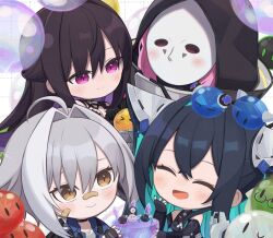 4girls abe_(nikke) abe_(nikke)_(cosplay) bandaid bandaid_on_face bandaid_on_nose black_hair black_nails blush brown_eyes bubble cinderella_(nikke) cinderella_(nikke)_(cosplay) closed_eyes colored_inner_hair cosplay goddess_of_victory:_nikke gretel_(nikke) gretel_(nikke)_(cosplay) hair_between_eyes hair_intakes half_updo hansel_(nikke) hansel_(nikke)_(cosplay) highres hood leviathan_(nikke) little_mermaid_(nikke) long_hair looking_at_another mask mihara_(bonding_chain)_(nikke) mori_(nikke) multicolored_hair multiple_girls purple_eyes short_hair sidelocks smile totatokeke yuni_(chimera)_(nikke)