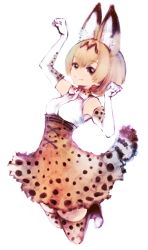 10s 1girl animal_ear_fluff animal_ears animal_print bare_shoulders belt black_belt black_hair bow bowtie breasts closed_mouth elbow_gloves facing_away female_focus full_body gloves hair_between_eyes high-waist_skirt ise_(0425) kemono_friends medium_breasts multicolored_hair no_nose orange_eyes orange_hair orange_skirt orange_thighhighs paw_pose serval_(kemono_friends) serval_tail shirt short_hair simple_background skirt sleeveless sleeveless_shirt smile solo spots tail thighhighs two-tone_bow two-tone_bowtie two-tone_hair white_background white_shirt zettai_ryouiki