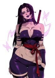 1girl bare_shoulders breasts cam_the_art_guy corset earrings elbow_gloves gloves highres holding holding_sword holding_weapon jewelry large_breasts long_hair looking_at_viewer marvel marvel_rivals navel psylocke purple_eyes purple_hair sash solo superhero_costume sword weapon x-men